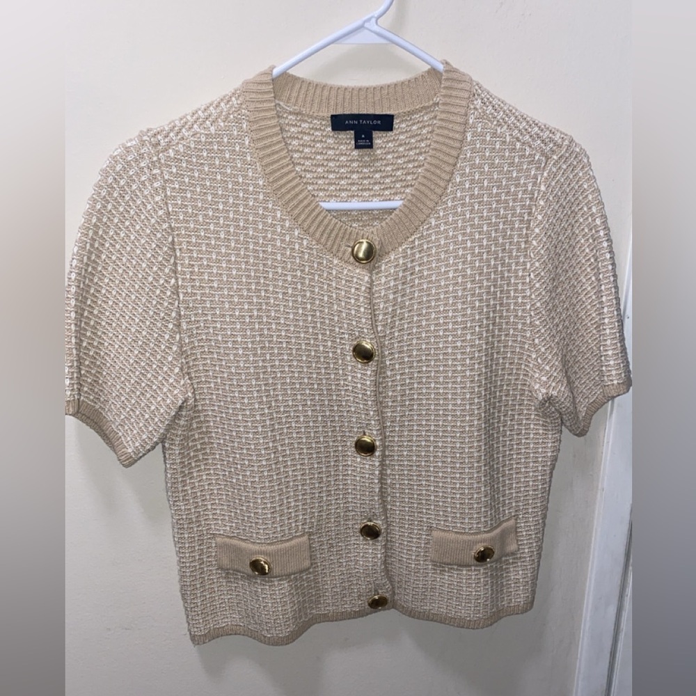 Ann Taylor Geo Stitch Short-Sleeve Cardigan size M, 100% Cotton